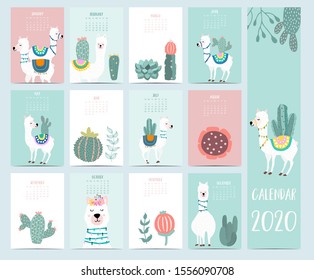 Doodle animal calendar 2020 set with llama or alpaca for children. 
 Can be used for printable graphic.  Editable element