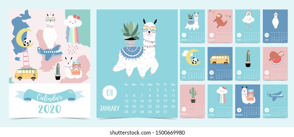 Doodle animal calendar set 2020 with llama,cloud,rainbow,sloth,panda for children.Can be used for printable graphic.Editable element