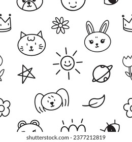 doodle animal cartoon hand drawn with black line seamless pattern background for illustration, wrapping, wallpaper