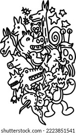 Doodle animal collection line art bw