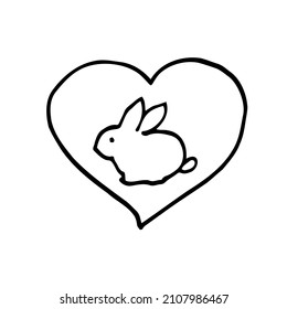 Doodle Animal Rabbit And Heart Vector Thin Line Icon. Testing Organic Cosmetic On Animal, Natural Component Linear Pictogram. Ecology, Cruelty-free Product, Molecular Analysis Contour Illustration