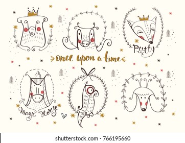  doodle animal  set.hand drawn vector illustration. Can be used for baby t-shirt print, fashion print design, kids wear, baby shower celebration greeting and invitation card