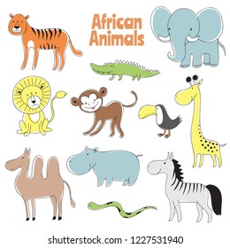 Doodle animals. African baby animal lion, monkey and crocodile, elephant and giraffe, zebra and hippo vector characters