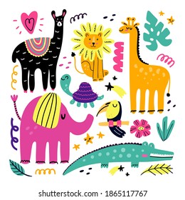 Doodle animals. Animal collection in minimalist style, funny llama, lion and giraffe, pink elephant, toucan bird and crocodile, tropical kids cartoon vector set for nursery, cards and print decor