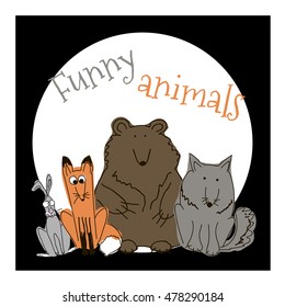 Doodle animals - bear,wolf,hare,Fox. Fun company for children's decor. Stock vector