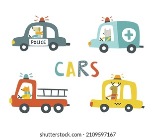 Doodle-Tiere fahren Autos. Cute Babydrucksammlung. Cartoon-Polizeiwagen, Feuerwehr, Taxi, Krankenwagen mit Säugetierführern.