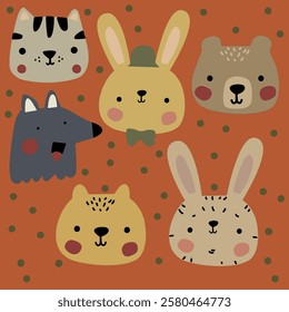 Doodle animals faces vector clipart