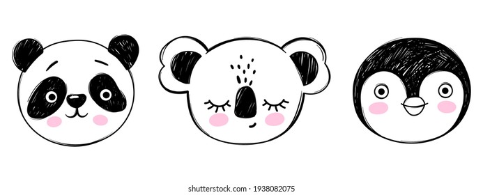 Doodle animals head vector set. Panda, koala, penguin faces in sketch style. Hand drawn cute children's illustrations for birthday cards, t-shirt print, posters.