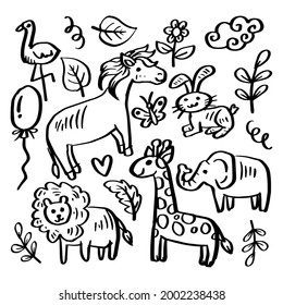 Doodle animals  set. Black and white.