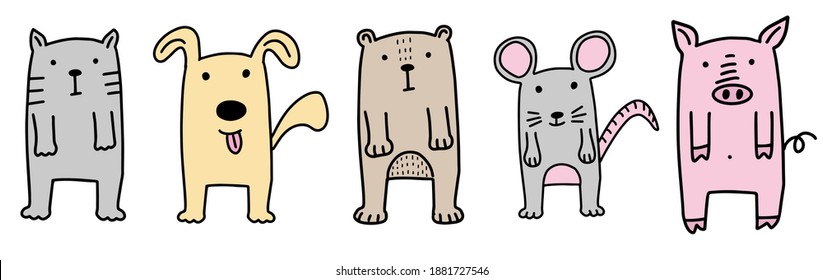 Doodle animals set. Cat, Dog, Bear, Mouse, Pig. Hand drawn lines cartoon character vector collection isolated on white background.