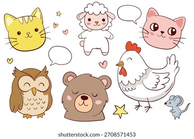 Conjunto de animais de doodle, coleção de personagens de ilustração adoráveis, gato, cabra, frango, coruja, urso, rato, isolado no fundo branco