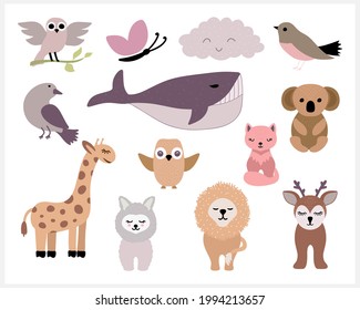 Doodle animals set icon isolated on white. Cartoon vector stock illustration. EPS 10