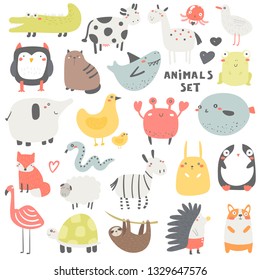 Doodle animals set including owl, crocodile, cow, cat, shark, horse, jelly fish, frog, seagull, elephant, chicken, crab, fish, fox, snake, zebra, rabbit, penguin, corgi dog, hedgehog, sloths, turtle