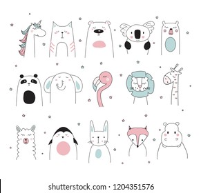 doodle animals set, vector illustration