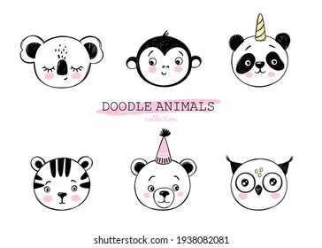 Doodle animals vector set. Owl, bear, monkey, panda unicorn, tiger, koala faces in sketch style. Funny characters. Hand drawn cute children's illustrations for birthday cards, t-shirt print, posters.