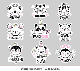 Doodle animals vector set. Owl, cat with glasses, baby tiger, panda unicorn, bear, monkey, princess mouse, penguin queen, koala faces in sketch style. Funny quotes. Cute children's illustrations.