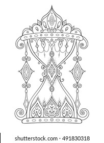 Doodle antique hourglass illustration isolated on white background. Hand drawn decorative boho vector art. Tattoo, t-shirt design, vintage style poster. Anti stress coloring book for kids and adults. 