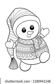 Doodle antistress coloring  book page  cute christmas snowman wearing hat and sweater 