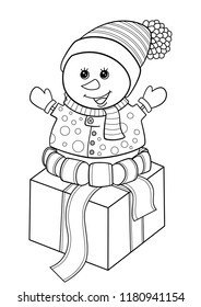 Doodle antistress coloring  book page  cute christmas snowman on the gift box