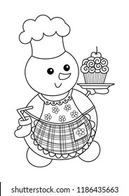 Doodle antistress coloring  book page  cute christmas snowman wearing apron