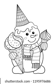 Doodle antistress coloring  book page  cute snowman with ice cream cones