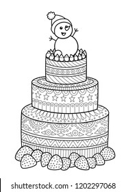 Doodle antistress coloring  book page   snowman on the cake