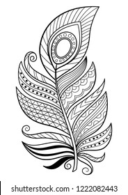 Doodle anti-stress coloring book page feather. 
