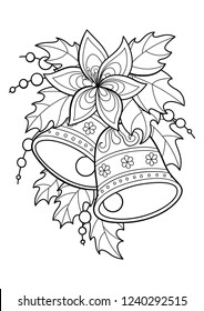 Doodle anti-stress coloring book page for adult christmas bells with bow