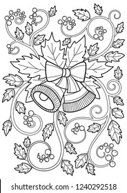 Doodle anti-stress coloring book page for adult christmas bells with bow