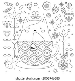 Doodle Antistress Coloring Page With Cat In Cup. Abstract Flowers, Fruits And Sweets. Cartoon Kawaii Kitty. Outline Black And White Vector Illustration. Tea Time. Coloring Book For Adults And Kids.