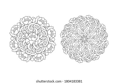 Doodle antistress flower with leaves and waves, mandala set. Coloring page book isolated on white. Bundle hand drawing art line. Sketch vector stock illustration. EPS 10