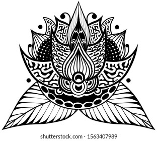 Doodle antistress, lotus flower, black and white petals, for coloring and printing on textiles, products, covers, tattoos and paper