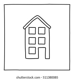 Doodle apartment building icon. Black and white symbol with frame. Line art style graphic design element. Isolated on white background. Real estate, architecture, modern city.