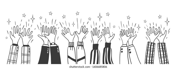 Doodle applause. Cartoon hand drawn crowd clapping hands vector illustration, sketched group cheers for election, celebrating party and teamwork concepts