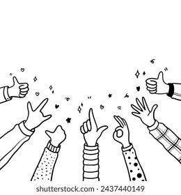 Doodle applause gestures of hands up or hands clapping. congratulation business theme in vector