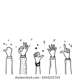 Doodle applause gestures of hands up or hands clapping. congratulation business theme in vector