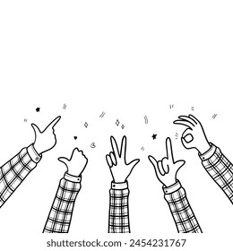 Doodle applause gestures of hands up or hands clapping. congratulation business theme in vector