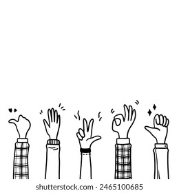 Doodle applause gestures of hands up or hands clapping. congratulation business theme in vector