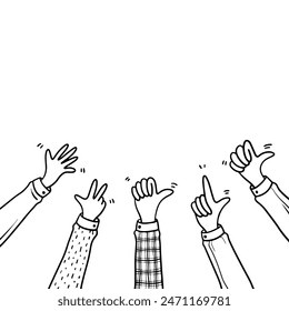 Doodle applause gestures of hands up or hands clapping. congratulation business theme in vector