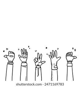 Doodle applause gestures of hands up or hands clapping. congratulation business theme in vector