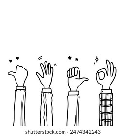 Doodle applause gestures of hands up or hands clapping. congratulation business theme in vector