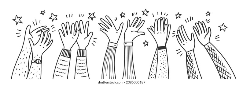 Doodle applause hands of people clapping or happy audience, cartoon vector background. Hands up applauding for success with stars on concert, celebration or congratulation, support and greeting bravo