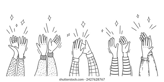 Doodle applause hands of people clapping or cheer up applauding audience, line vector. Congratulation, support and bravo greeting applause hands of applauding people in outline doodle silhouettes