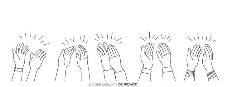 Doodle applause hands silhouettes of people clapping or applauding, vector happy audience. Concert, congratulation, support and bravo greeting applause, doodle or line art hands or applauding people