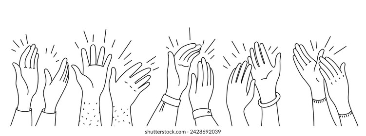 Doodle applause hands silhouettes. People clapping hands, vector outline audience of men and women raising arms and making applause. Fun, party, celebration or greetings, bravo and ovation concept