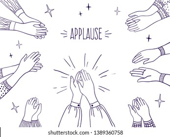 Doodle applause. Happy people drawn hands, high five illustration, sketch draw of clapping hands. Vector agreement and success concept on white