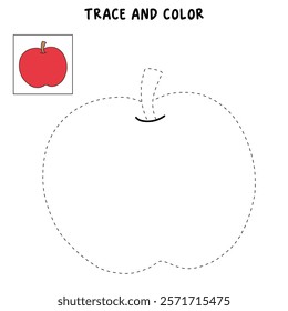 Doodle apple isolated on white background vector. Red apple fruit coloring Page. Cartoon apple coloring page for kindergarten and preschool worksheets for kids printable. Trace and color apple.