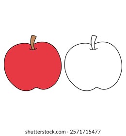 Doodle apple isolated on white background vector. Red apple fruit coloring Page. Cartoon apple coloring page for kindergarten and preschool worksheets for kids printable. Trace and color apple.