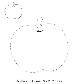 Doodle apple isolated on white background vector. Red apple fruit coloring Page. Cartoon apple coloring page for kindergarten and preschool worksheets for kids printable. Trace and color apple.