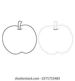 Doodle apple isolated on white background vector. Red apple fruit coloring Page. Cartoon apple coloring page for kindergarten and preschool worksheets for kids printable. Trace and color apple.